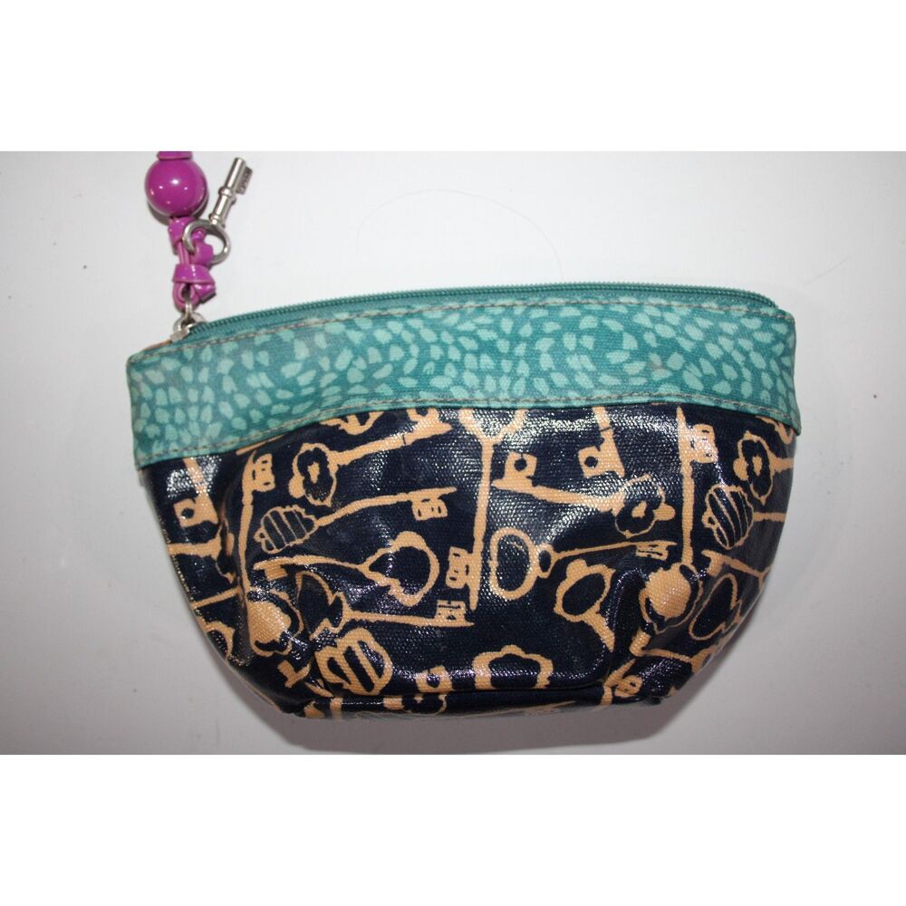 Fossil Key Per Pouch Coated Canvas Navy Teal Skeleton Key Print Zipper Cosmetic